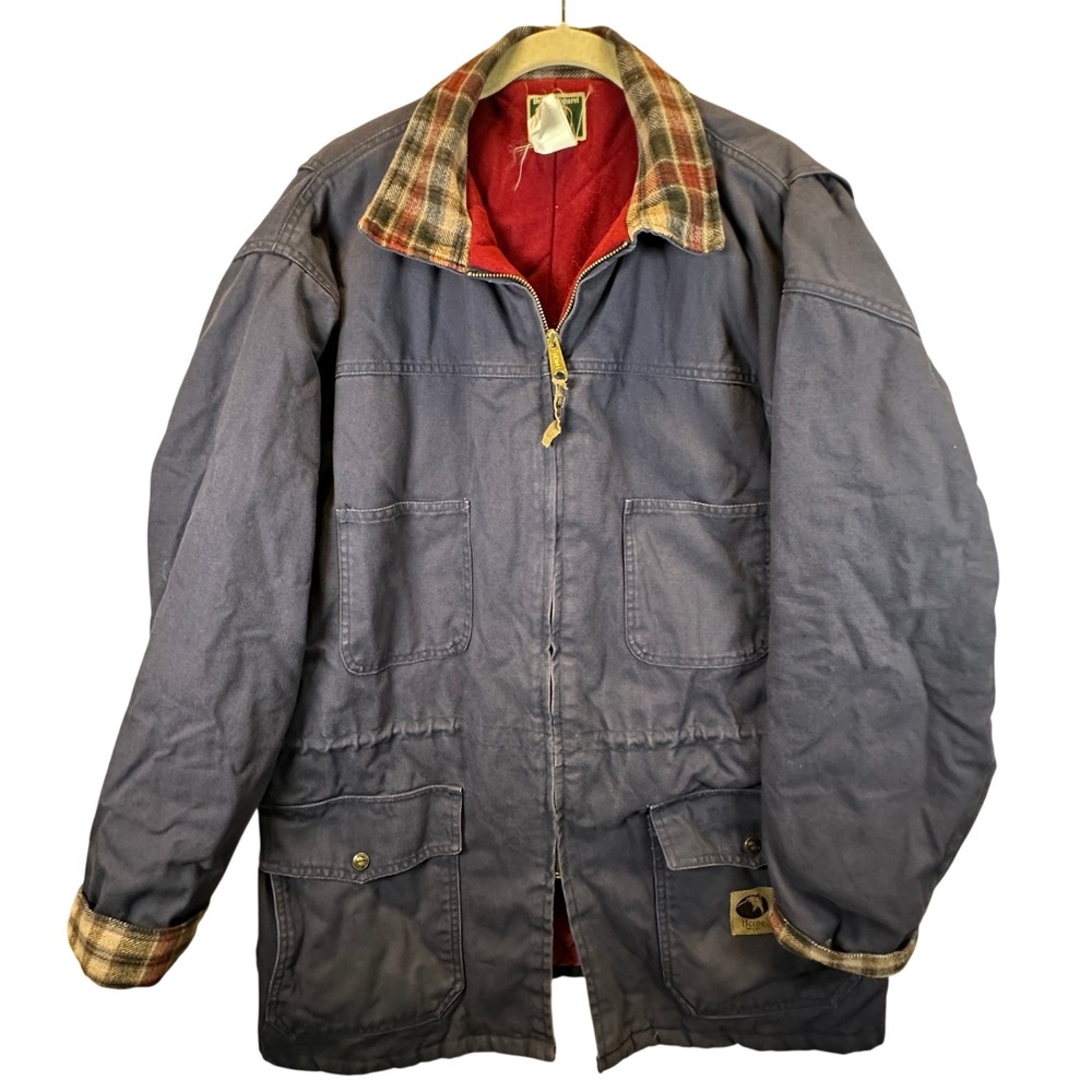 Berne Apparel Chore Navy Blue Canvas Workwear Barn Jacket Plaid Collar XL